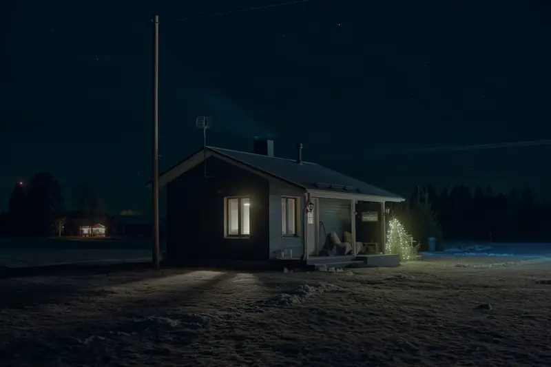 A cinematic night photograph of a small, dark wooden house. A single window glows with intense warm light, casting a stark beam across the frosty ground outside. On the porch, a small, brightly lit Christmas tree adds a festive touch against the dark, starry sky.